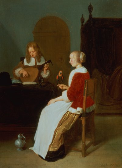 Un interno con un suonatore di liuto e una donna che tiene un pappagallo da Quiringh Van Brekelenkam